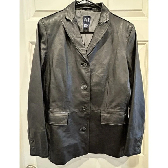 Gap Black Leather Jacket Button Front Flap Pockets Women’s Size M - Picture 1 of 9